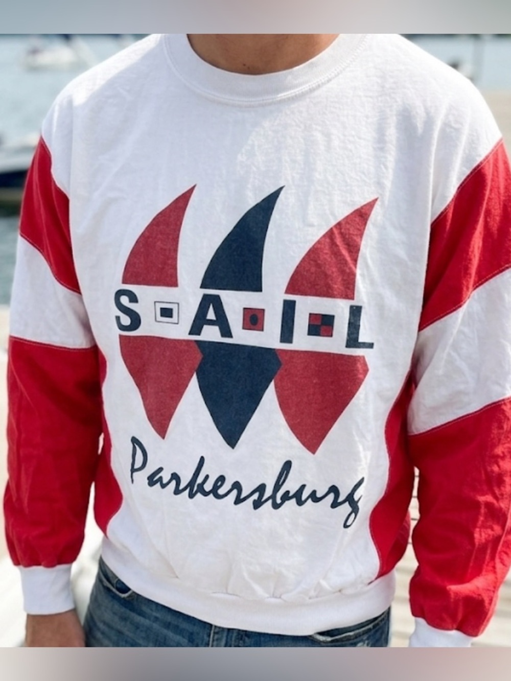 S-A-I-L Parkersburg Graphic Crewneck Vintage 80s Bike Brand Unisex Large Cotten